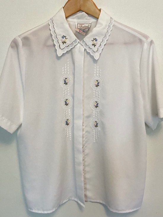 Sears Tops - VTG 80s Sears Tradition White Embroidered Blouse Lace Collar Cottagecore Sz 12
